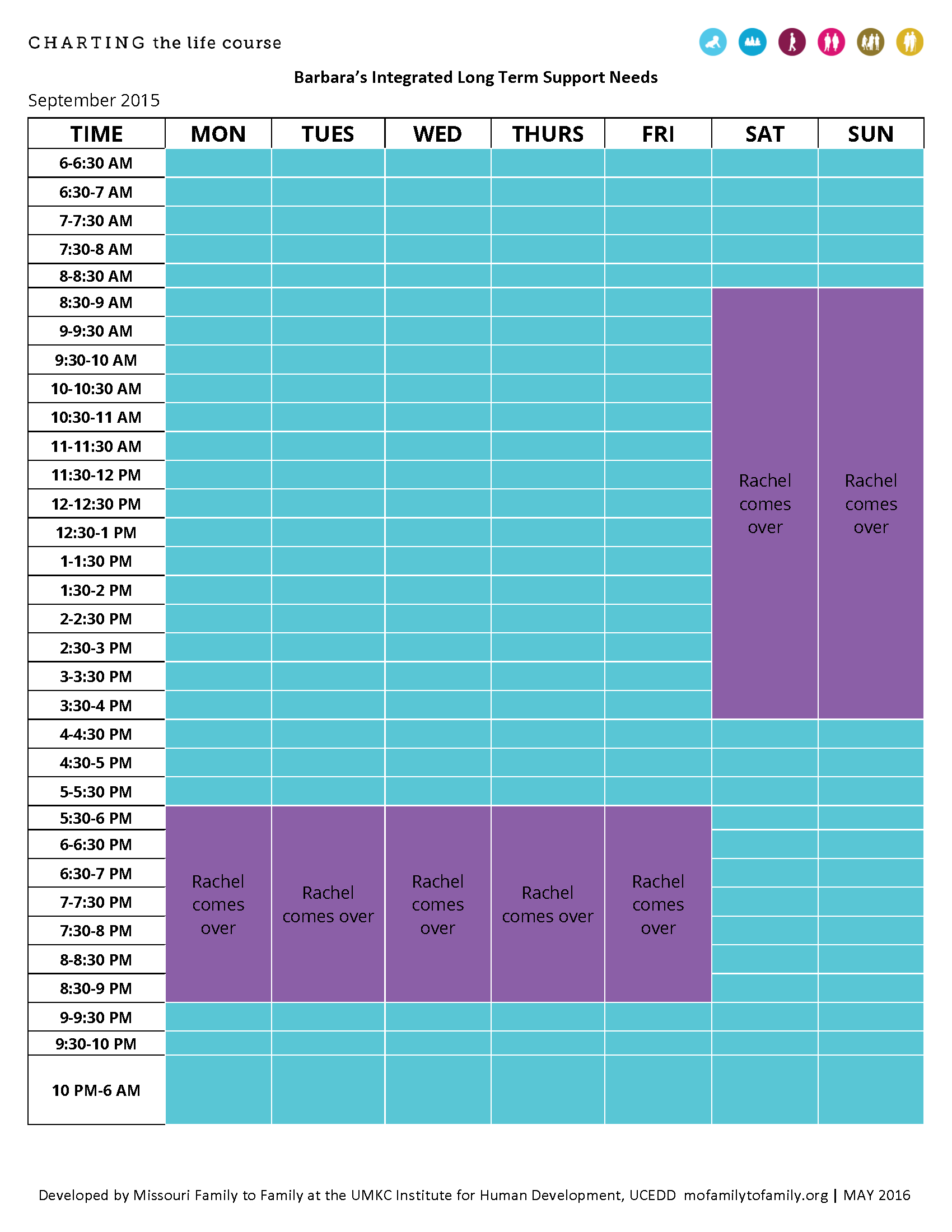 Graphic: Screenshot of Barbara's Integrated Long Term Support Needs Schedule before Charting the LIfeCourse
