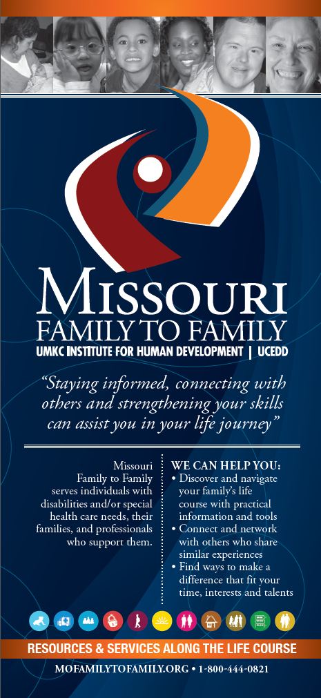 Graphic: Screenshot of Rack Card (outreach materials) developed by Missouri Famiyl to Family using LifeCourse life stage and life domain icons