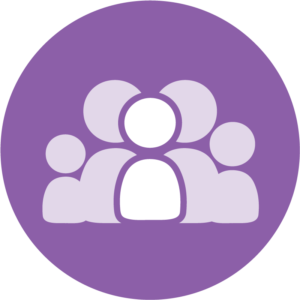 Graphic: Charting the LifeCourse Family icon (a purple circle with a group of 5 people in the center, the person in the middle is brightly colored, the others are faded out)