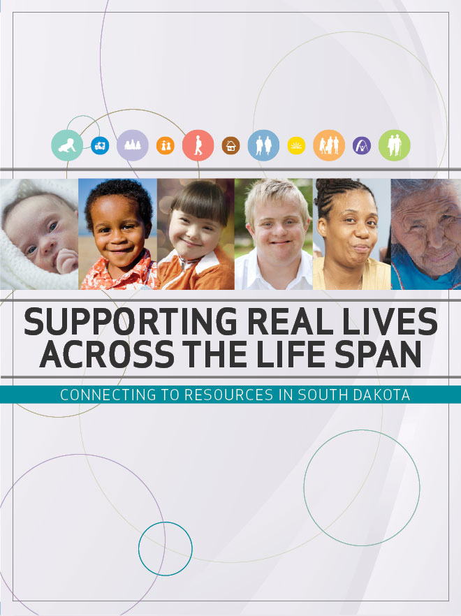 Graphic: Screenshot of cover of Resource folder developed bySouth Dakota DHSS using LifeCourse life stage and life domain icons